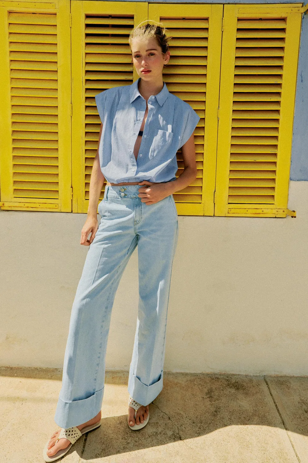 Укороченная рубашка с воздушным шаром ZARA, Blue/White