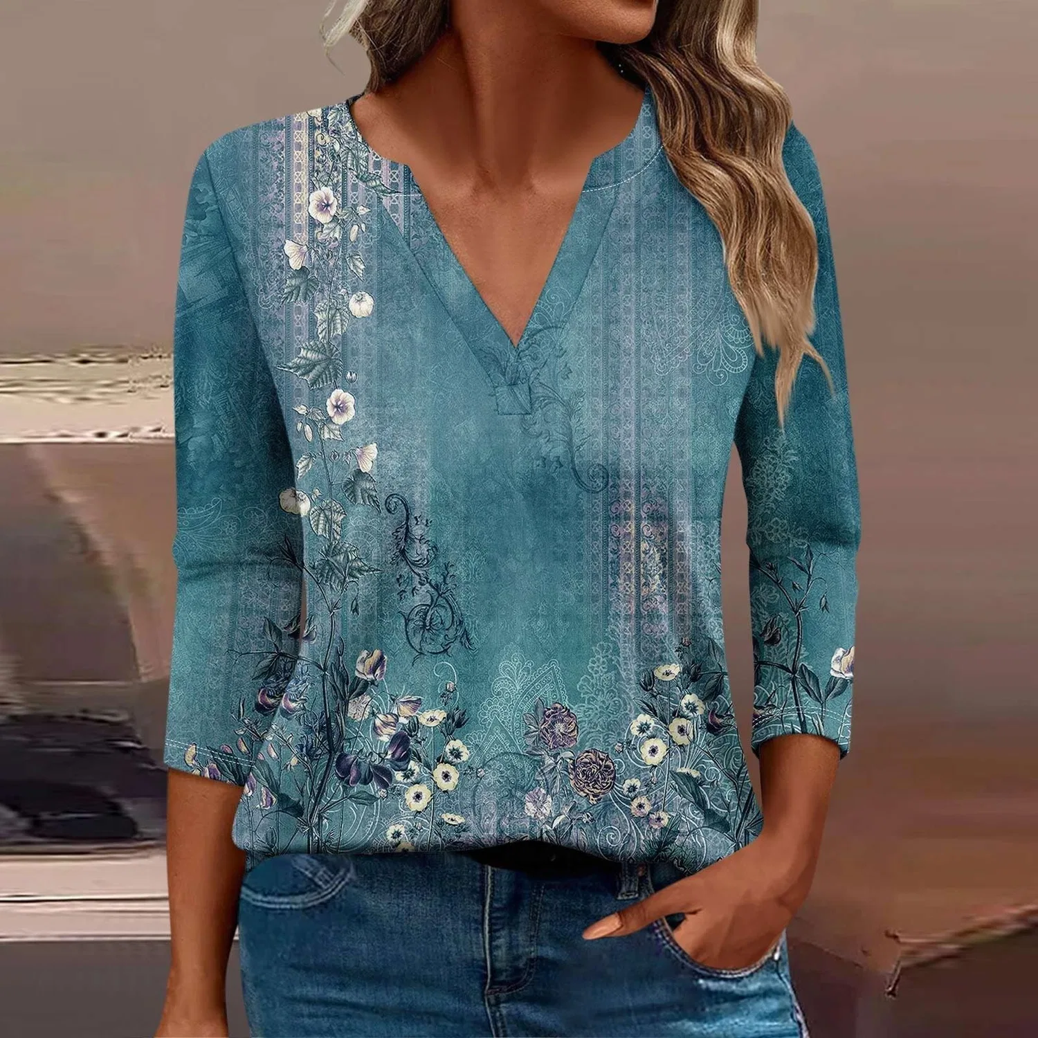 Женская блуза с принтом Women Blouses 3/4 Sleeve V Neck Casual Elegant Summer Boho Floral Print Blouses, 35#azzurro — фото 2