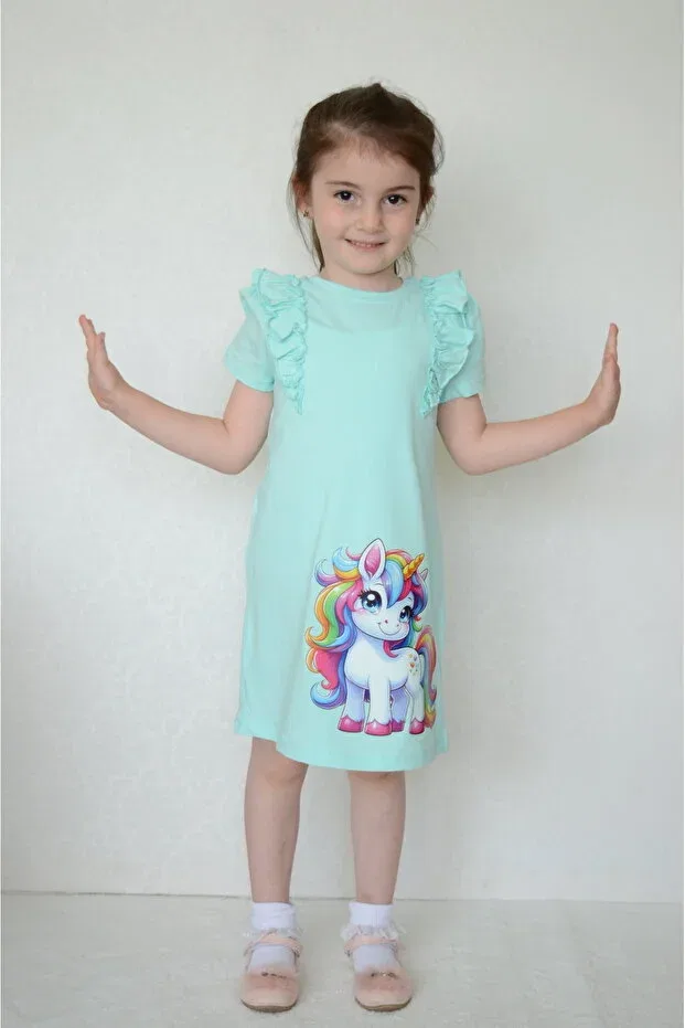 Детское платье для девочек с принтом Unicorn Printed Sevimli, Green — фото 3