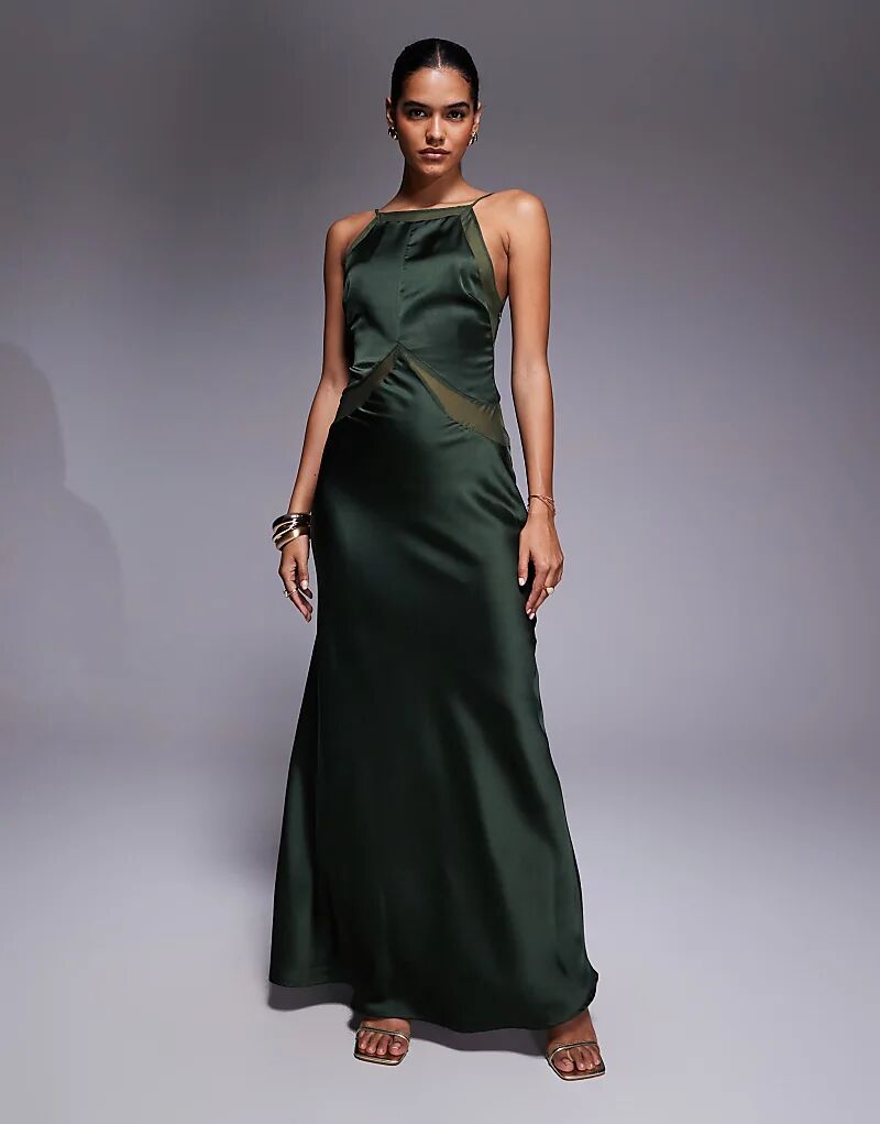 

Платье макси из атласного шифона ASOS DESIGN с квадратным вырезом и высоким воротом темно-зеленого цвета