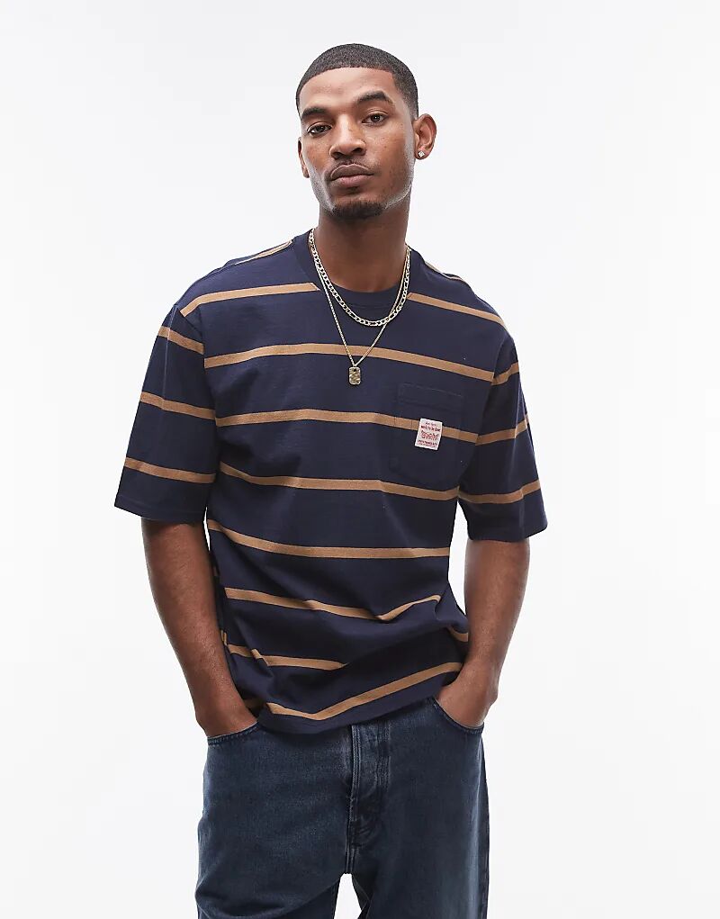 

Футболка свободного кроя Levi's Workwear с карманом, логотипом, полоской, темно-синим/бежевым цветом