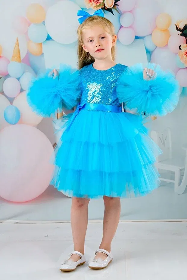 Детское платье для девочек с помпонами Delfini Kids, Glass Blue