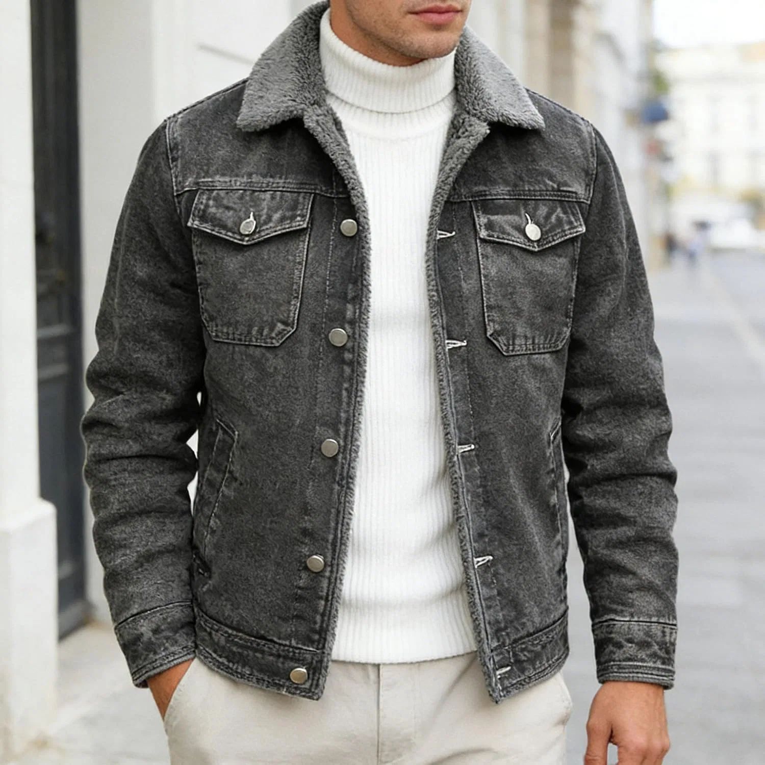 Мужская джинсовая куртка с флисовой подкладкой, Slim Fit, серый — фото 3
