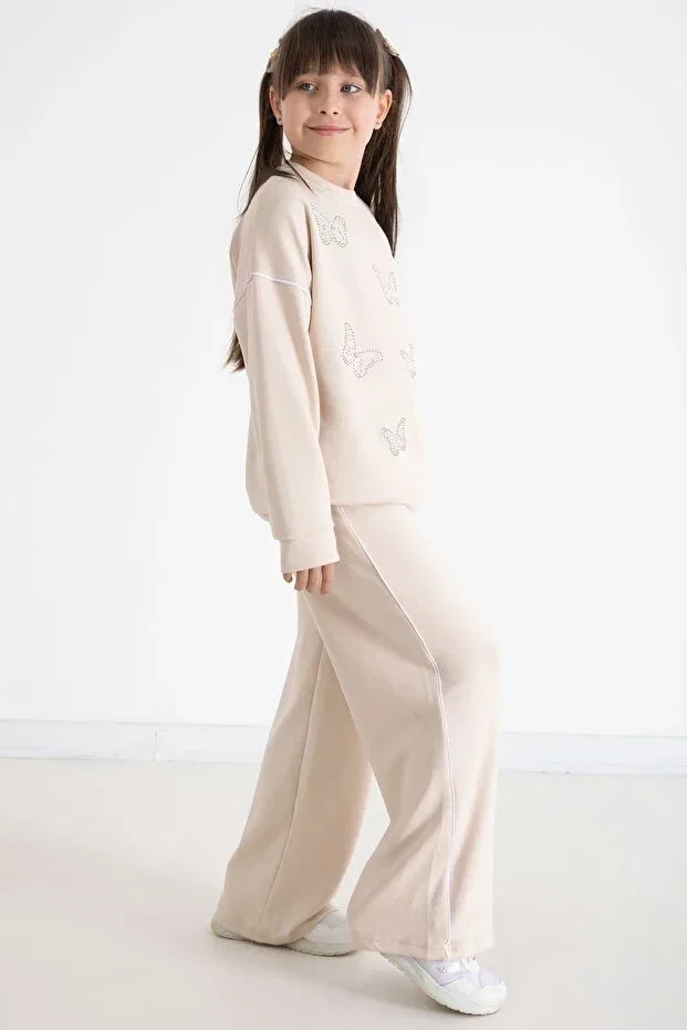 Детский комплект для девочек с принтом Beige Sequined Butterfly Embroidered Wide Leg Girls' Tracksuit Set Cansın Mini, Beige — фото 2