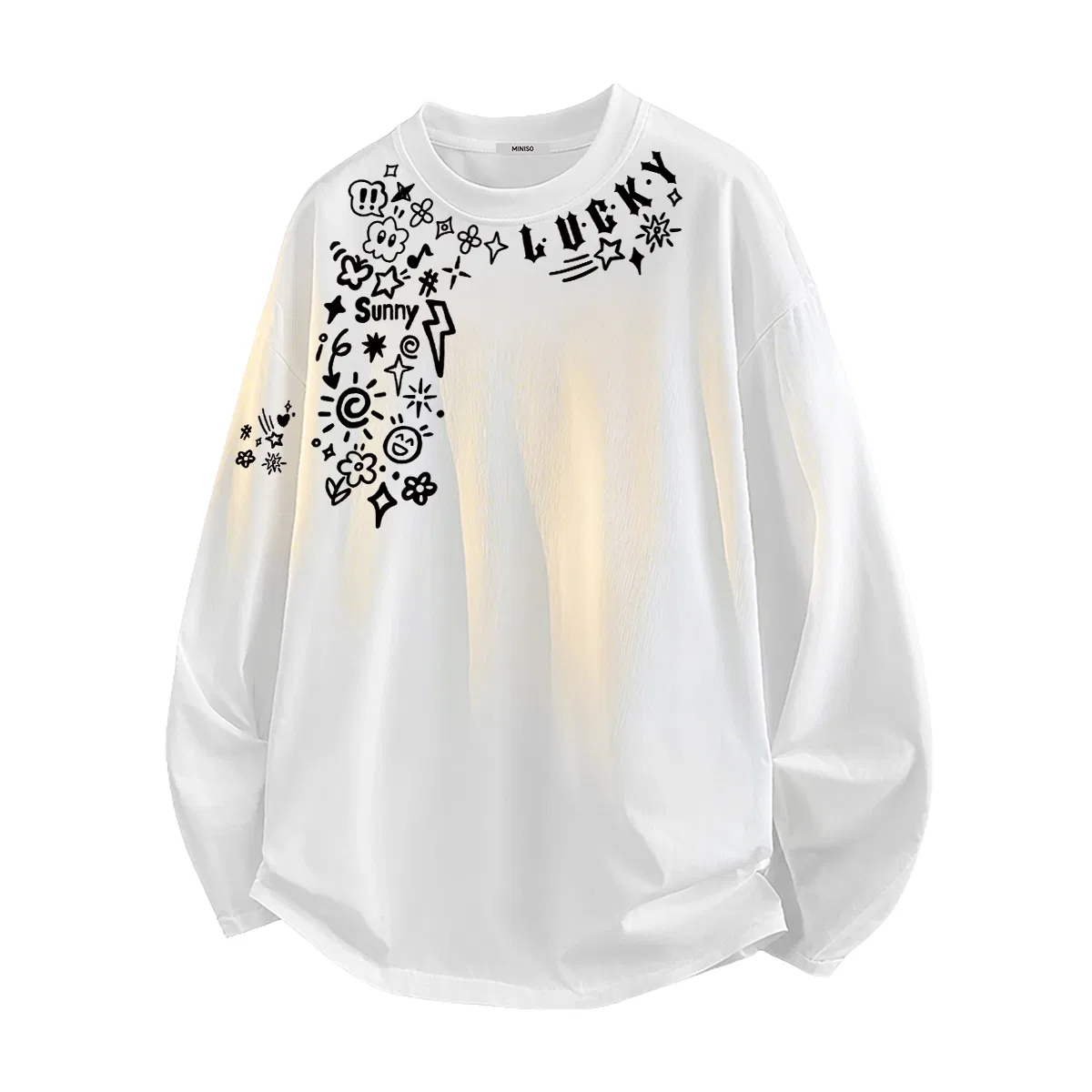 Детская футболка с принтом Miniso, White Childlike Graffiti Right Arm Side Label Y Grade School Graffiti Front Neck Logo