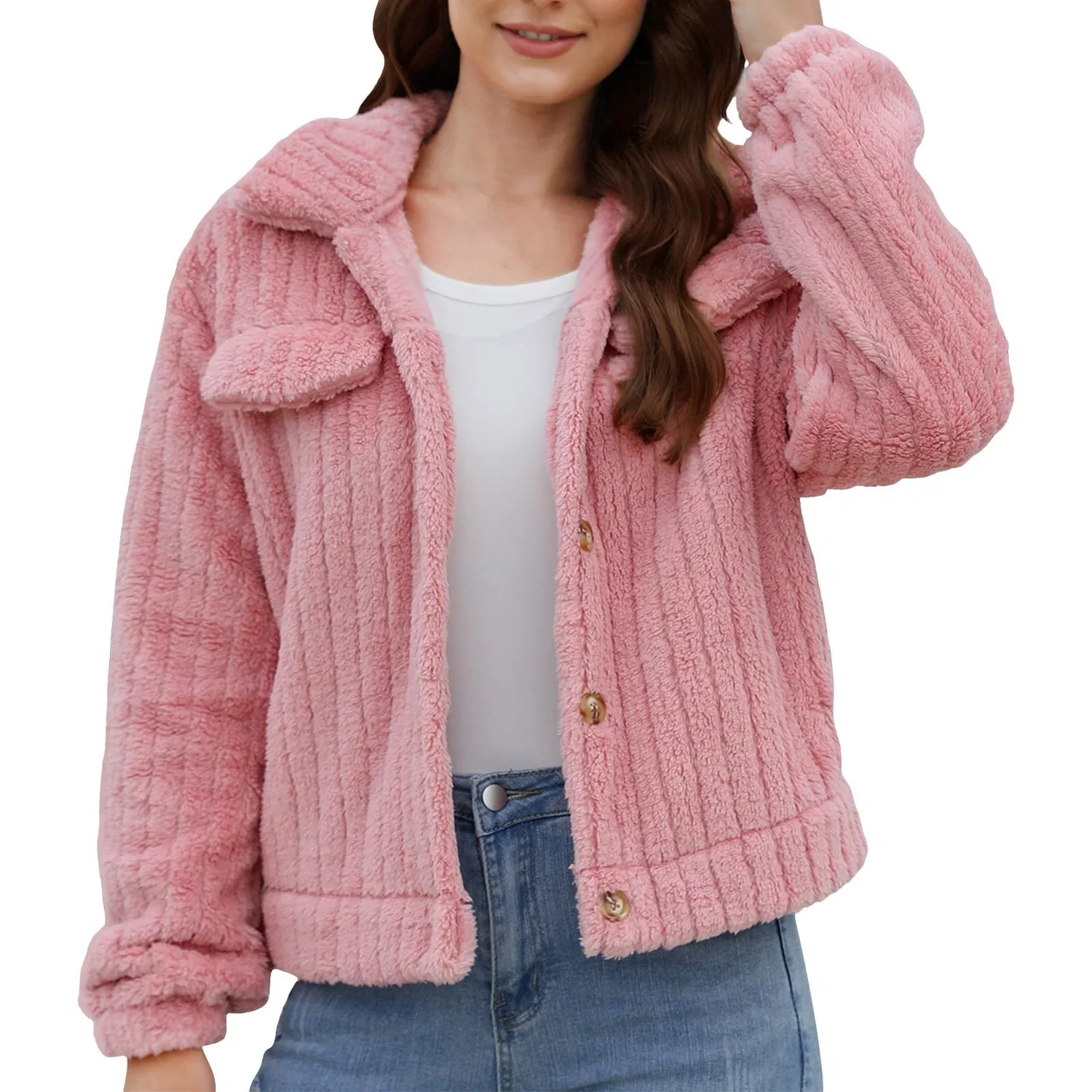 Женское укороченное пальто с воротником и пуговицами, pink