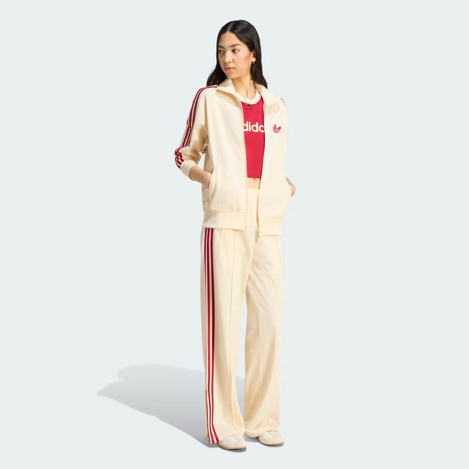 Женская олимпийка свободного кроя Firebird Track Top Loose Adidas Originals, Warm Vanilla/Team Victory Red — фото 4