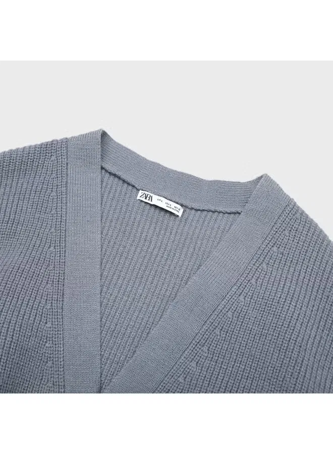 Кардиган вязаный с V-образным вырезом свободный Zara, серо-синий — фото 4