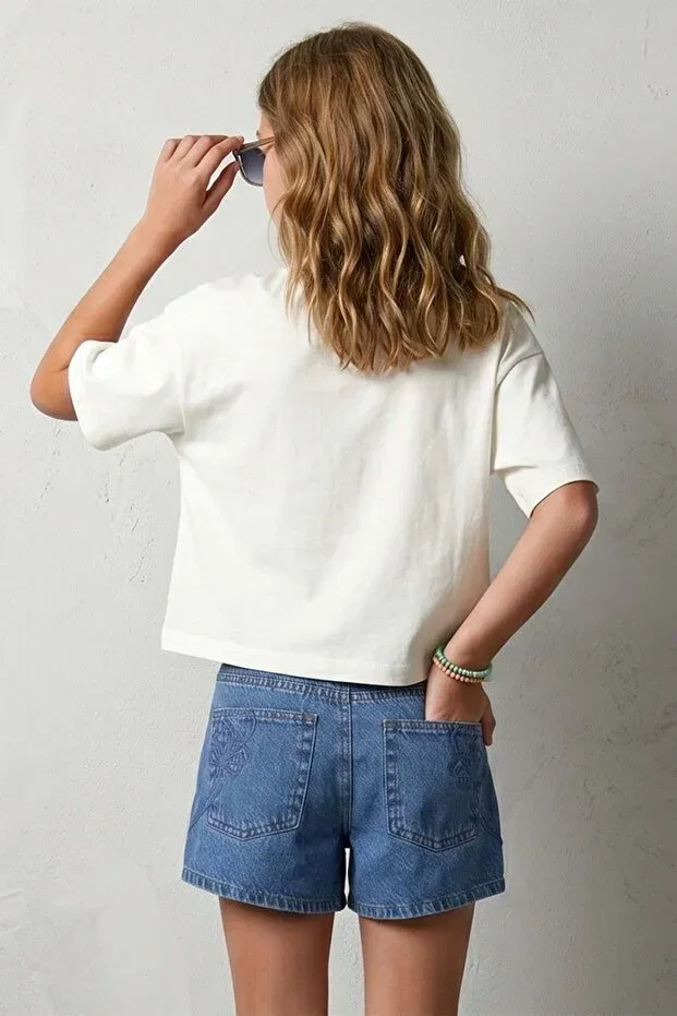 Детские шорты для девочек с вышивкой джинсовые Pd Kids, Navy Blue — фото 2