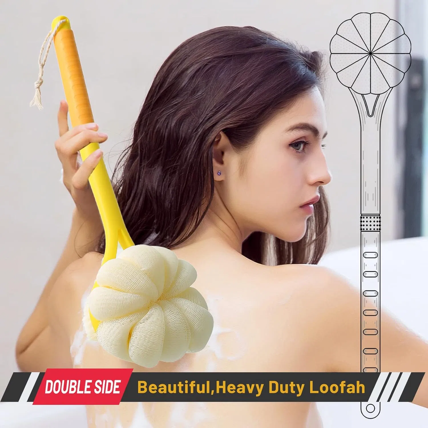 Щетка для душа с люфой и щетиной, HONOMA, 14 дюймов, Beige — фото 2