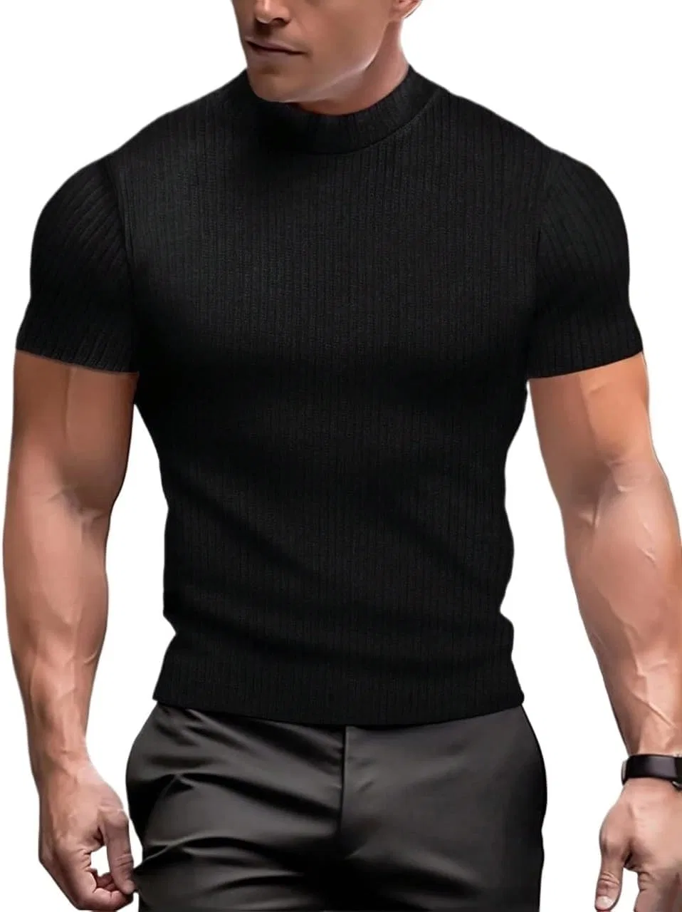 Мужская повседневная футболка Ribbed Short Sleeve, Black