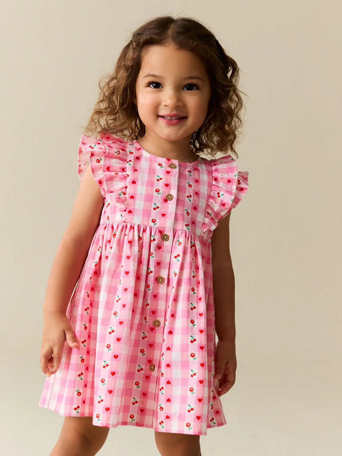 Платье с двойными воланами на рукавах, Pink Gingham Cherry Next, розовый в клетку