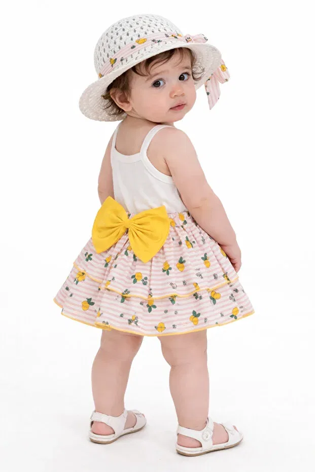 Детский комплект для девочек с принтом Sweet baby girl lemon patterned skirted set with hat 3-piece combination with bodysuit inside Chicsy Baby, Orange — фото 3