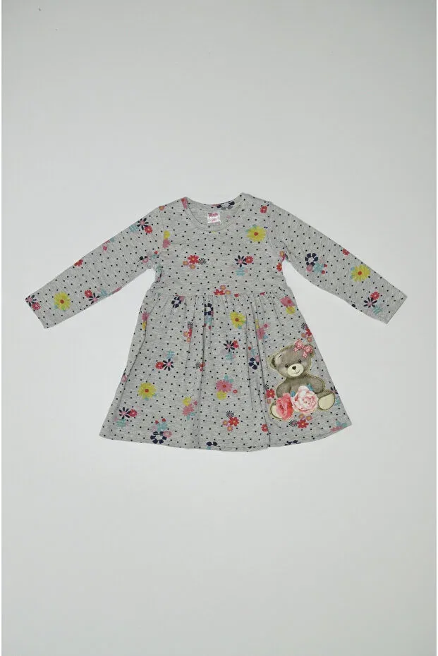 Детское платье для девочек с принтом Seasonal Long Sleeve Polka Dot Floral Patterned Bear Printed Baby Slon Kids Clup, Gray