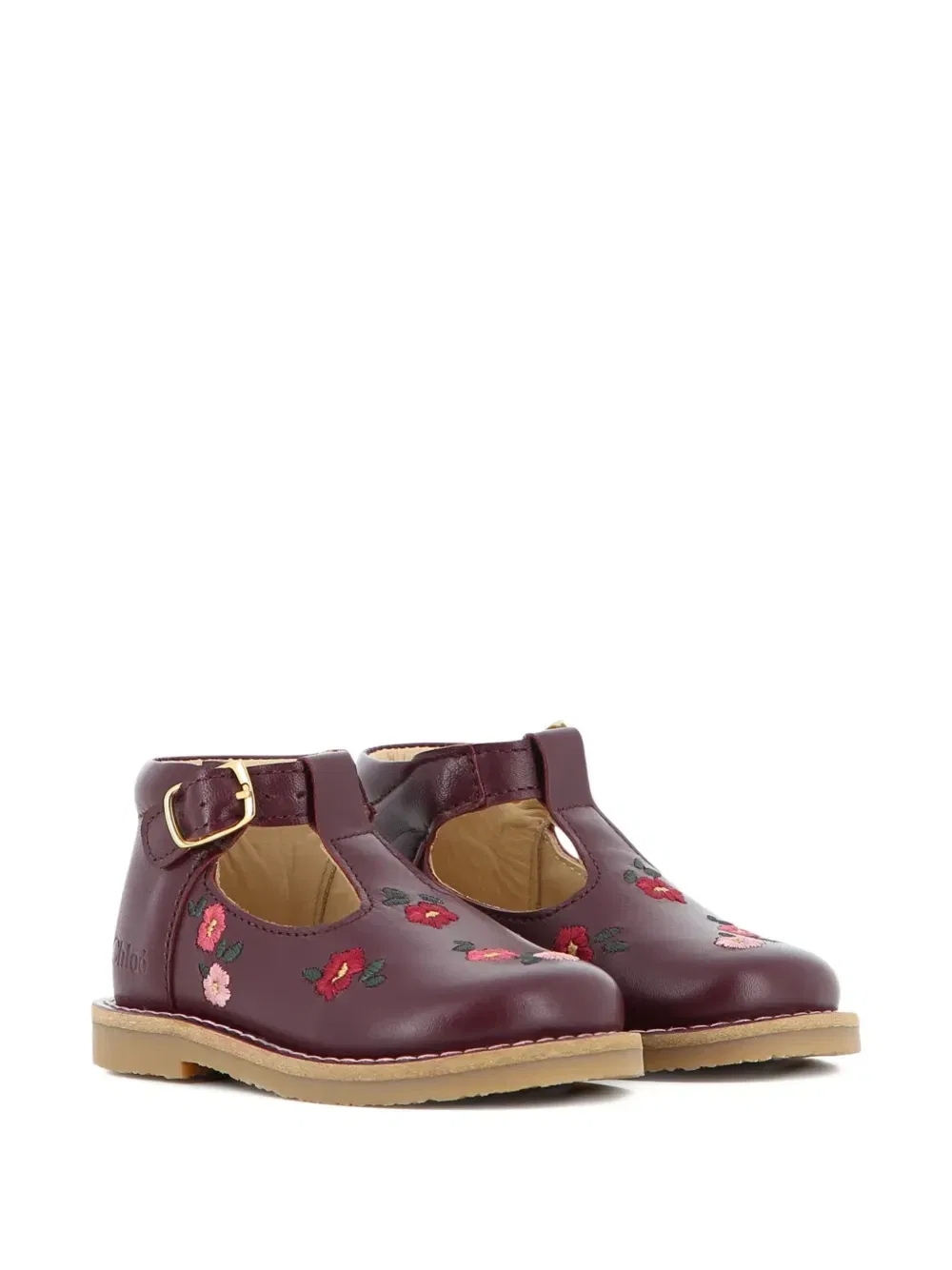 Кожаные ботильоны с цветочной вышивкой Chloé Kids, красный