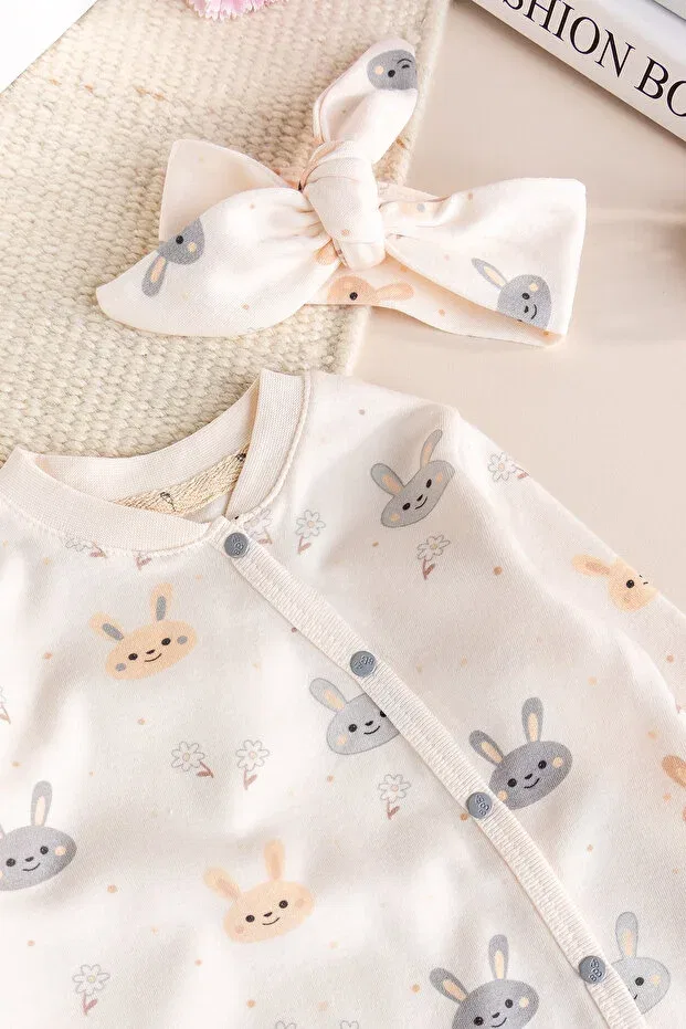 Детский комбинезон для девочек с принтом 100% cotton rabbit patterned bandana Babymod, Ecru — фото 4
