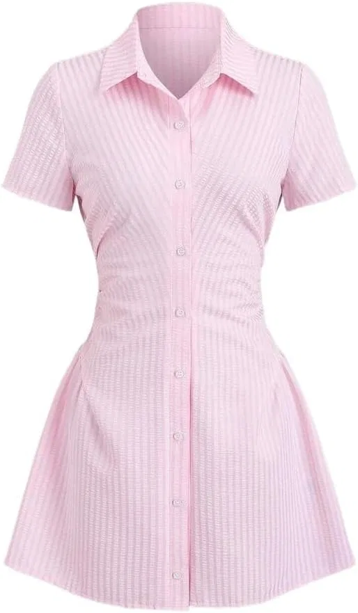 Женское мини-платье-рубашка с коротким рукавом, Pink