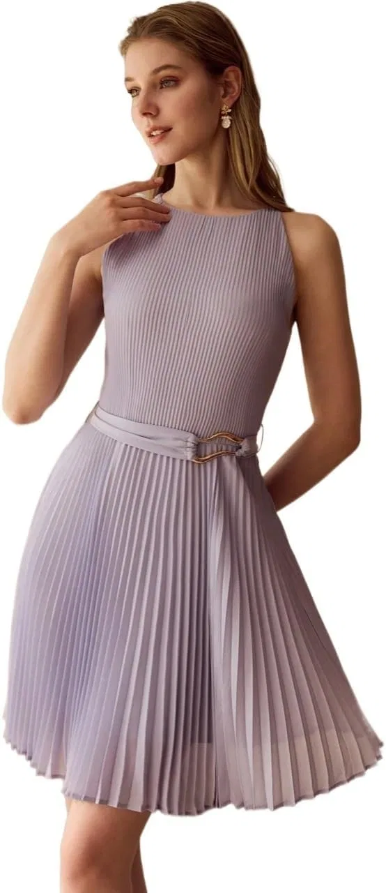 Женское летнее платье с поясом без рукавов, Mauve Purple