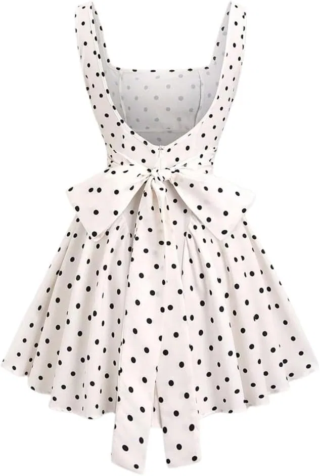Женское повседневное платье мини A-силуэта с квадратным вырезом Polka Dot, Black and White — фото 3