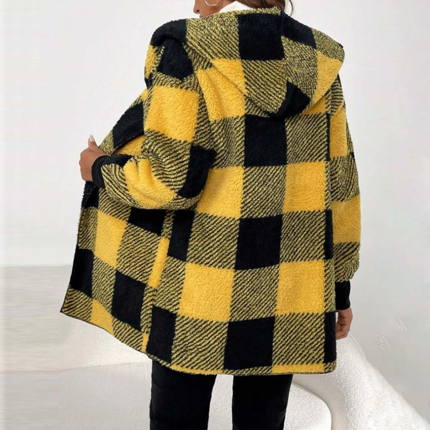 Женское теплое пальто с капюшоном, с принтом, модель plaid sfocato, Giallo — фото 2