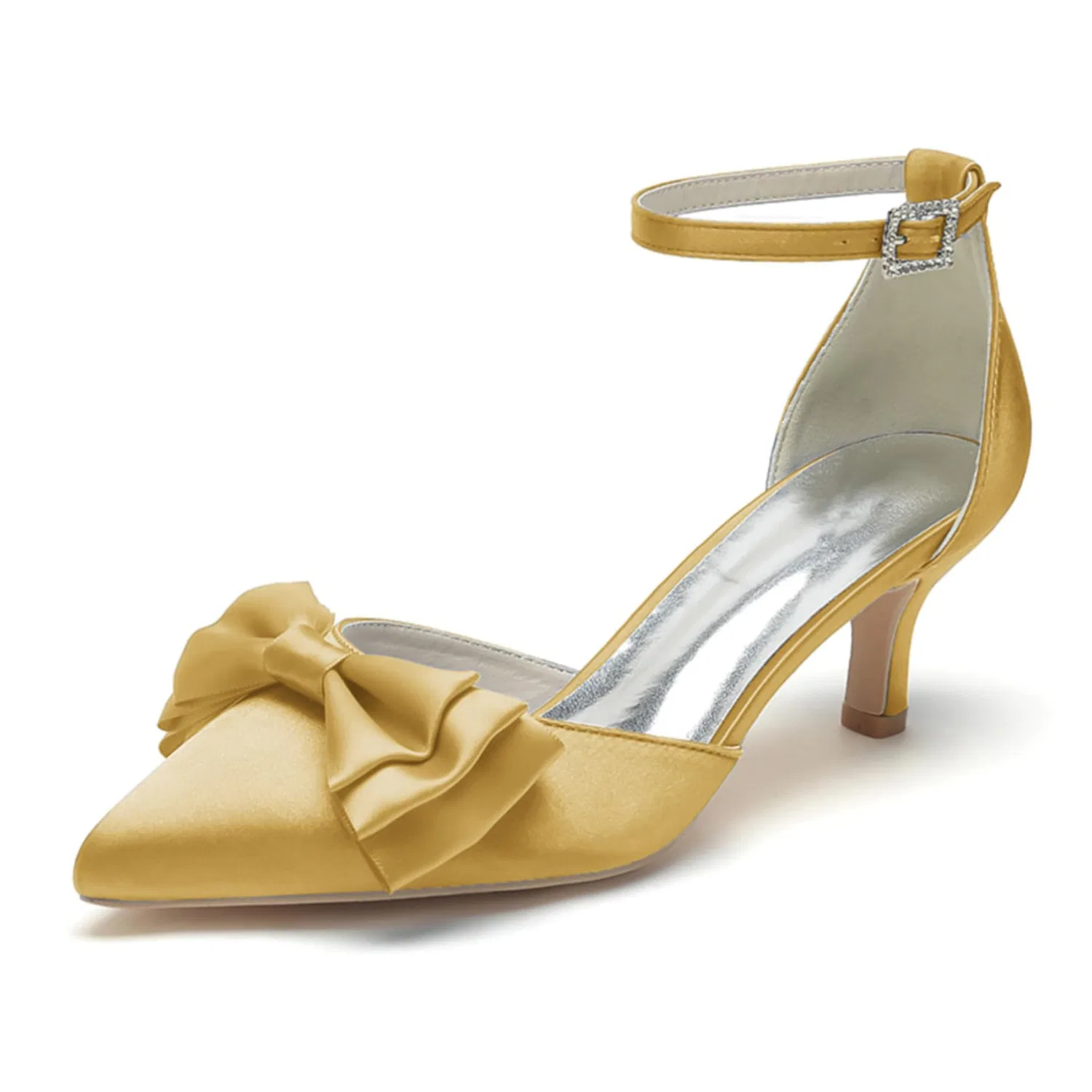 Детские туфли на каблуке без рукавов Women's Low Heels Kitten Evening Shoes Wedding Closed Pointed Toe Pumps Ankle Strap Party Dress Sandal Bow Satin Classic Bride Shoes, Gold D Gold