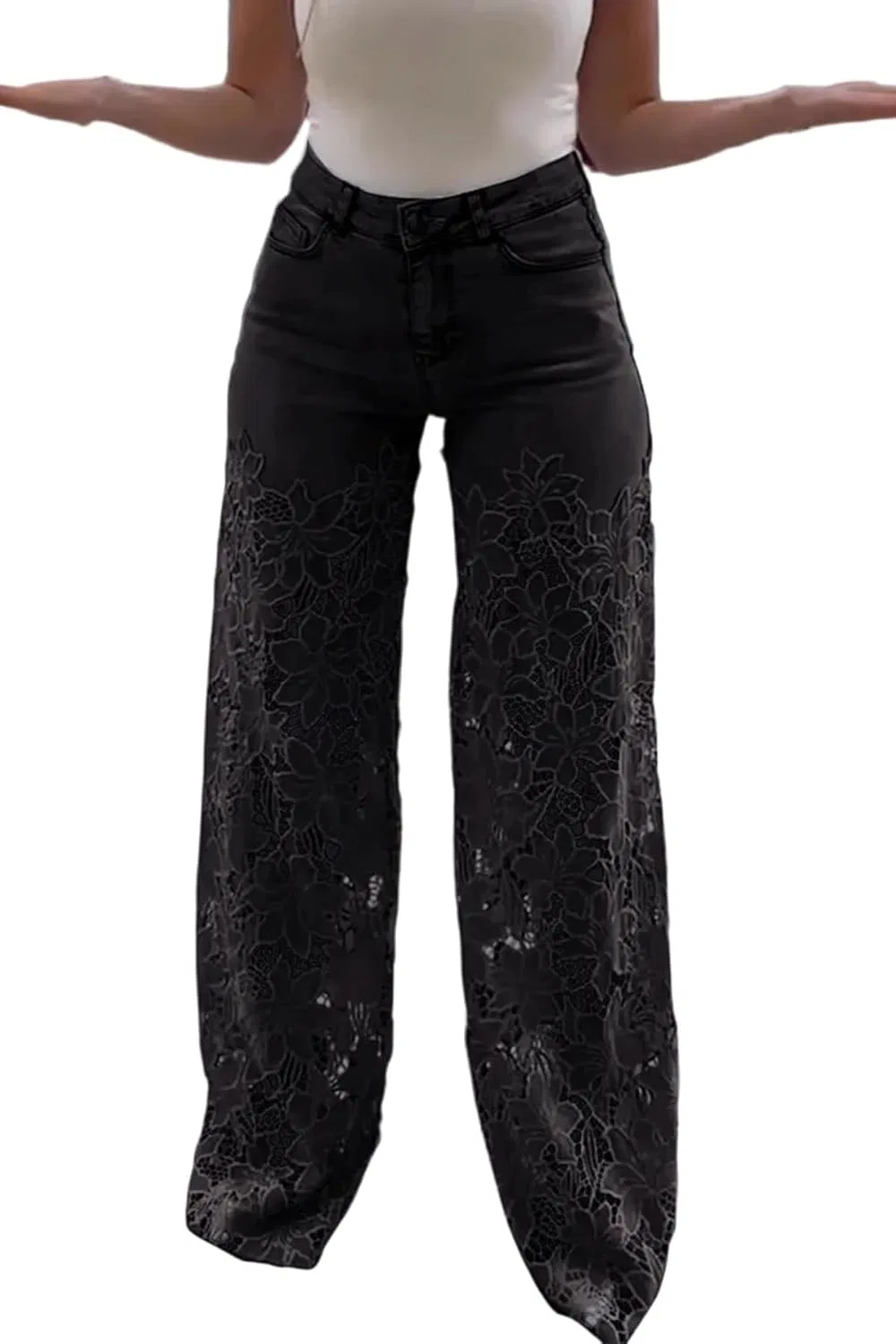 Джинсы с кружевом, Women’s Lace Jeans, Black