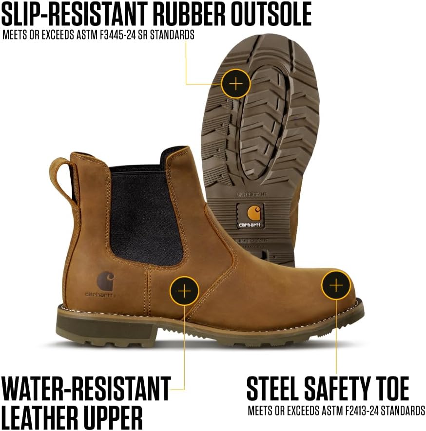 Carhartt мужские Chelsea ботинки Frontier с водонепроницаемым стальным носком - кожаные ботинки на молнии с эластичной вставкой, EVA подошвой и прочным сцеплением, Bison Brown Oil Tan — фото 3