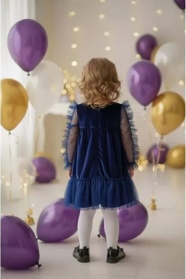 Детское платье для девочек с длинным рукавом Penu Baby Kids, Navy Blue — фото 3