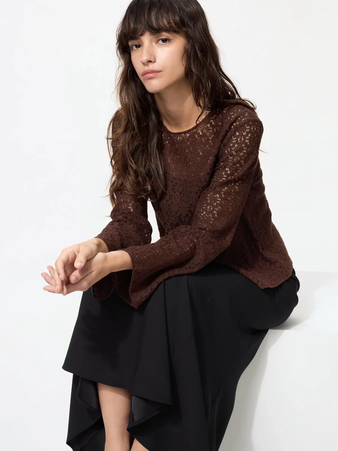 Блузка Uniqlo, кружевная, темно-коричневый