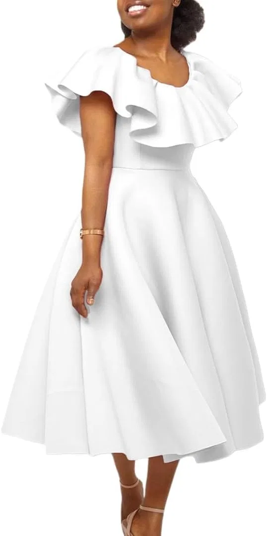 Женское коктейльное платье с рюшами A-line, White