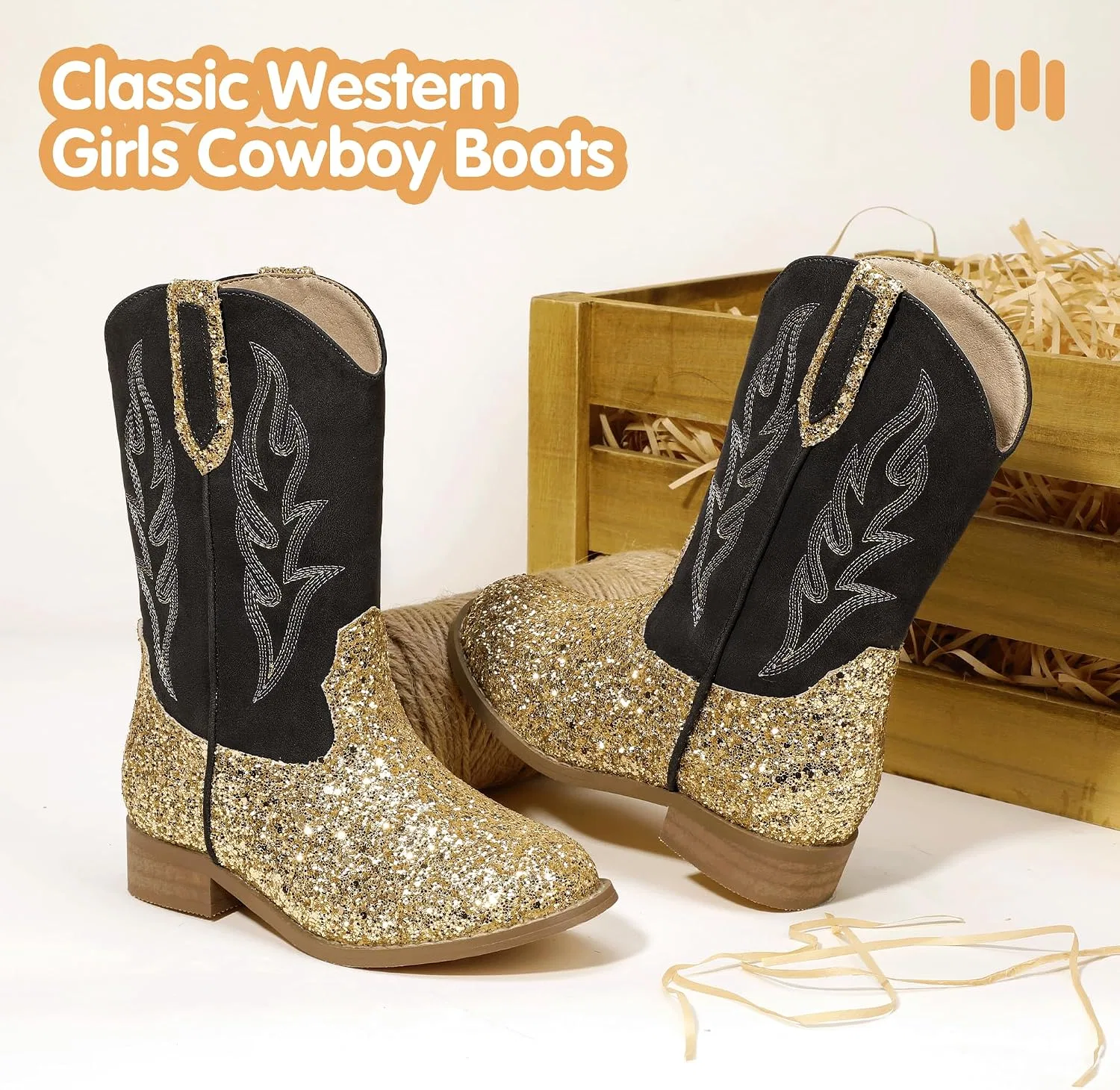 Детские сапоги для девочек с вышивкой Cowgirl Boots Hehainom, Goldsequin — фото 4