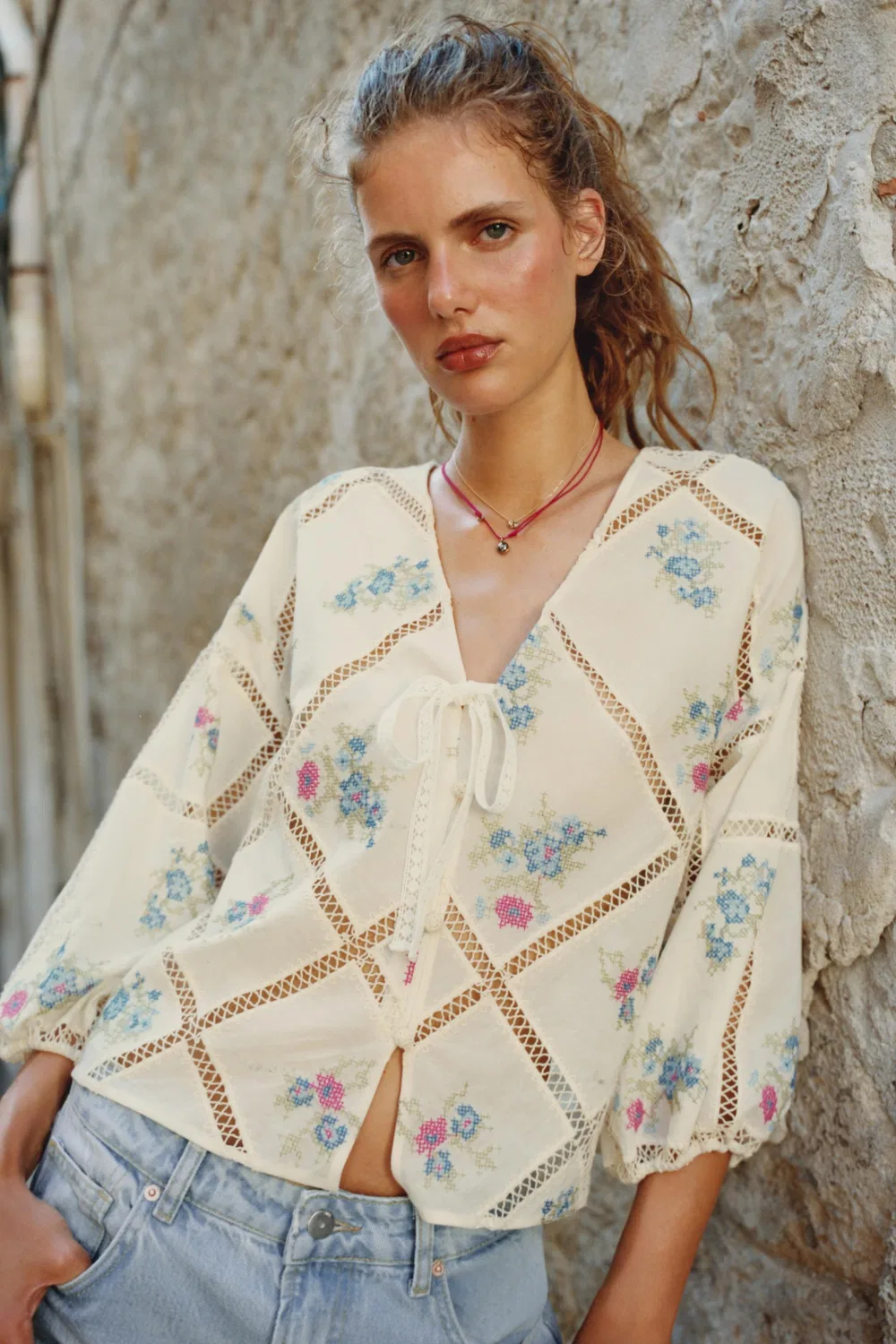 Блузка с лестничной строчкой и вышивкой. ZARA, Multicoloured — фото 2