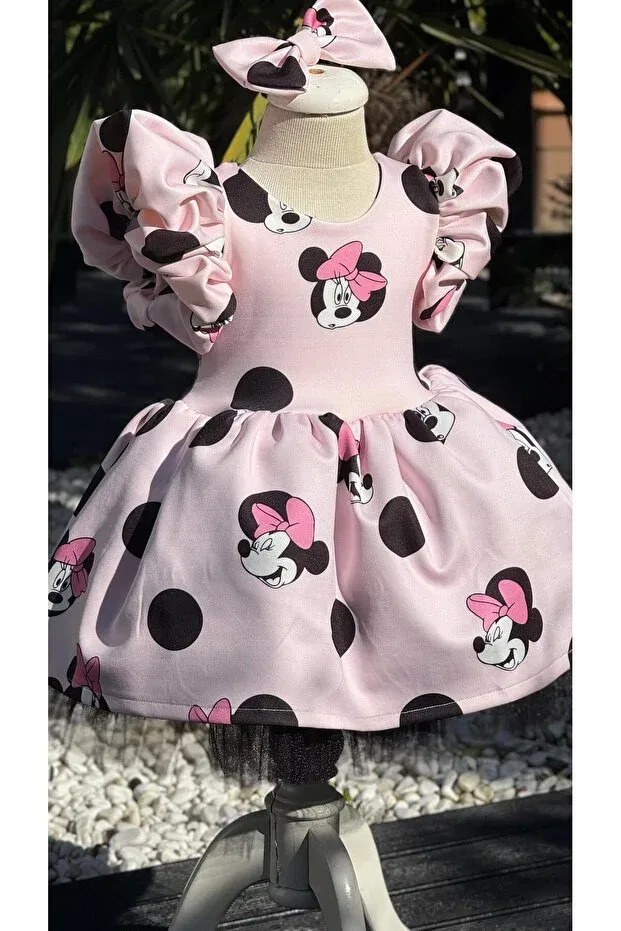 Детское платье для девочек с принтом Miinie mouse patterned dress Anne Kız Tasarım, Pink