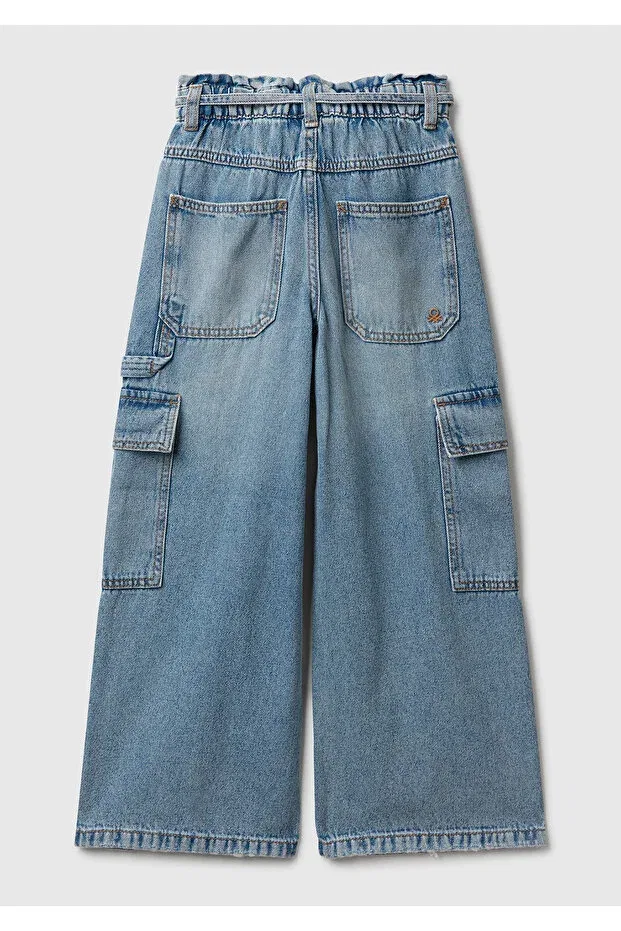 Детские брюки для девочек с широкой штаниной Girl'S dark blue tie waist cargo style wide fit denim pants United Colors Of Benetton, Dark Blue — фото 2