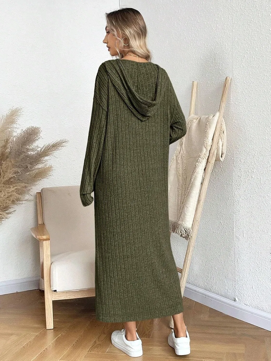 Женское повседневное платье с капюшоном Drop Shoulder, Army Green — фото 2