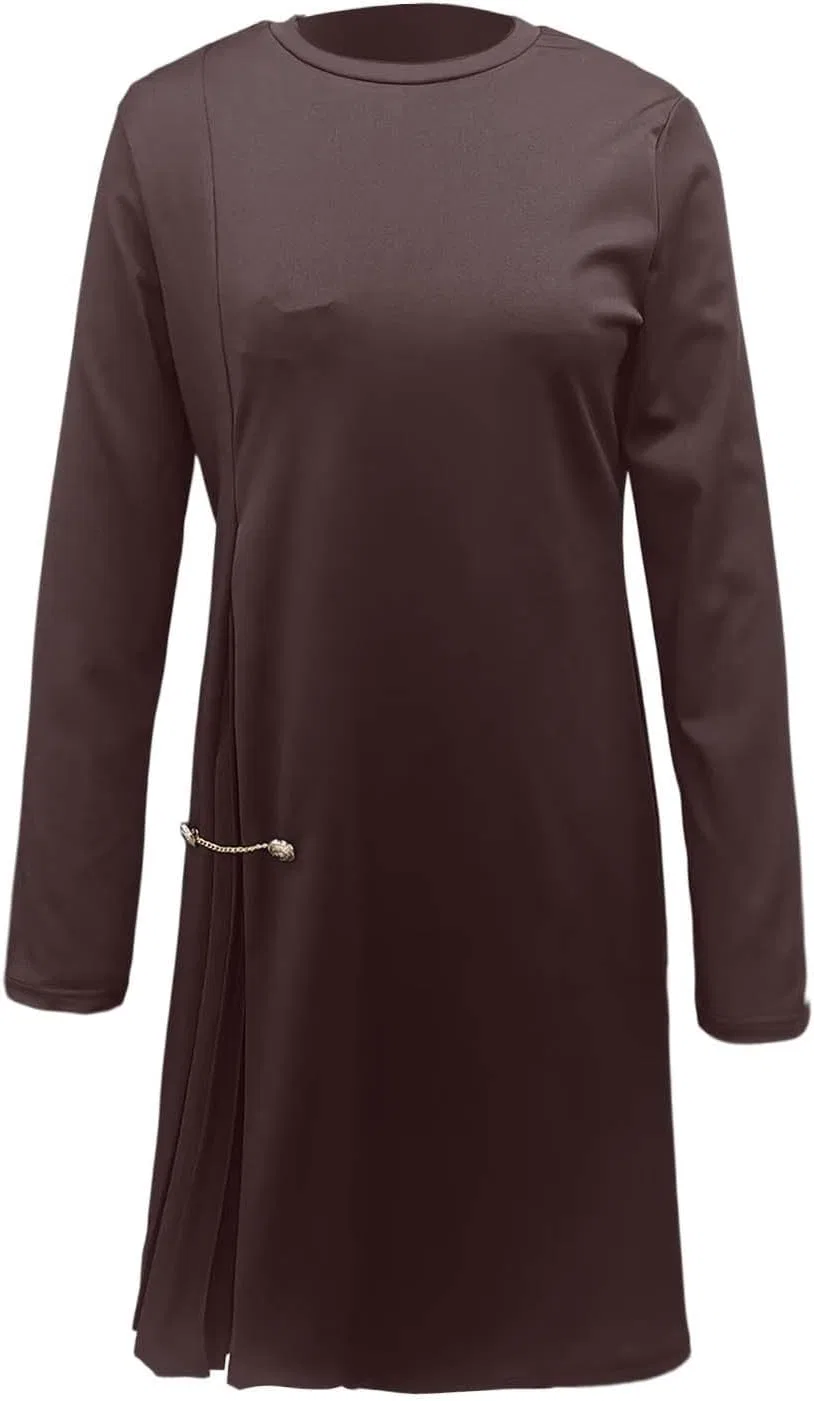 Женское платье-трапеция с длинным рукавом Elegant Long Sleeve Pleated Panel Dress, коричневый — фото 4