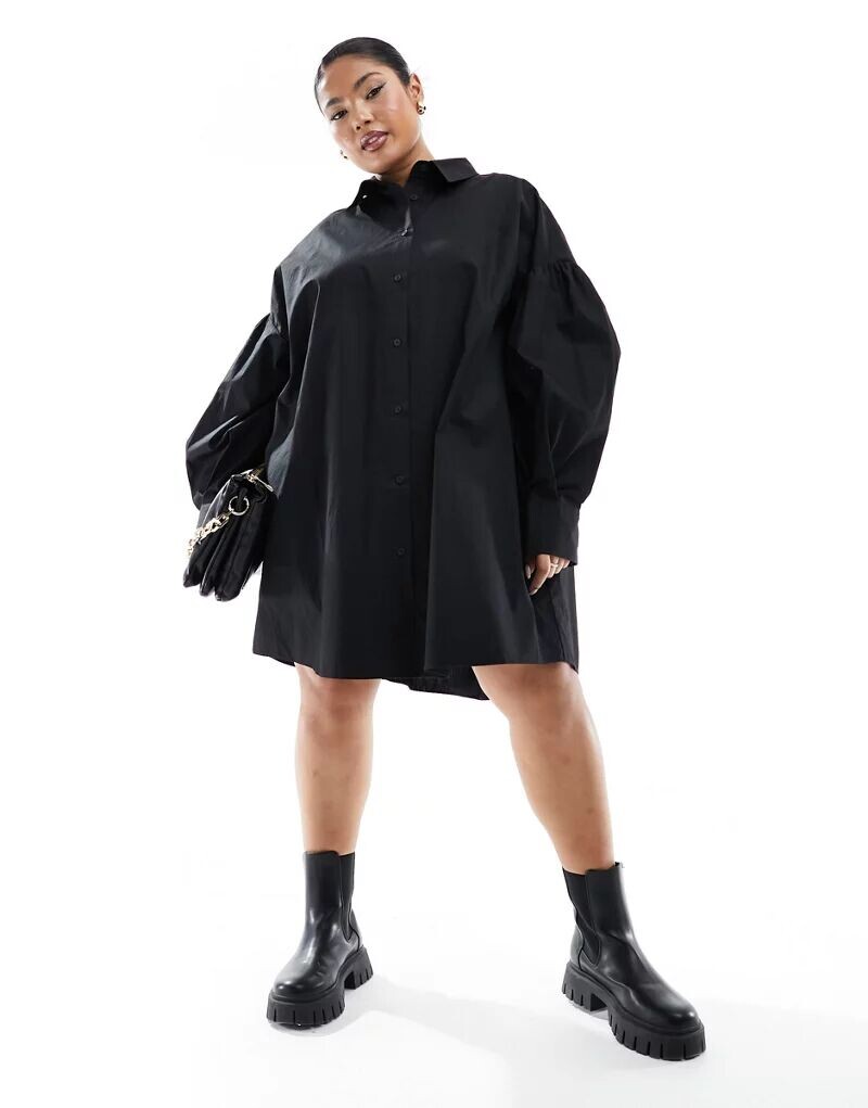 

Черное укороченное платье-рубашка бойфренда с широкими рукавами ASOS DESIGN Curve Ultimate