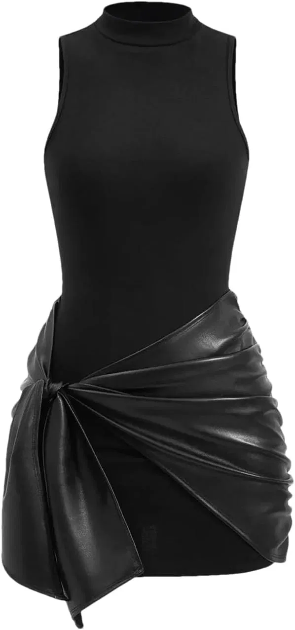 Женское мини-платье с имитацией кожи, двухслойное, Slim Fit, Black
