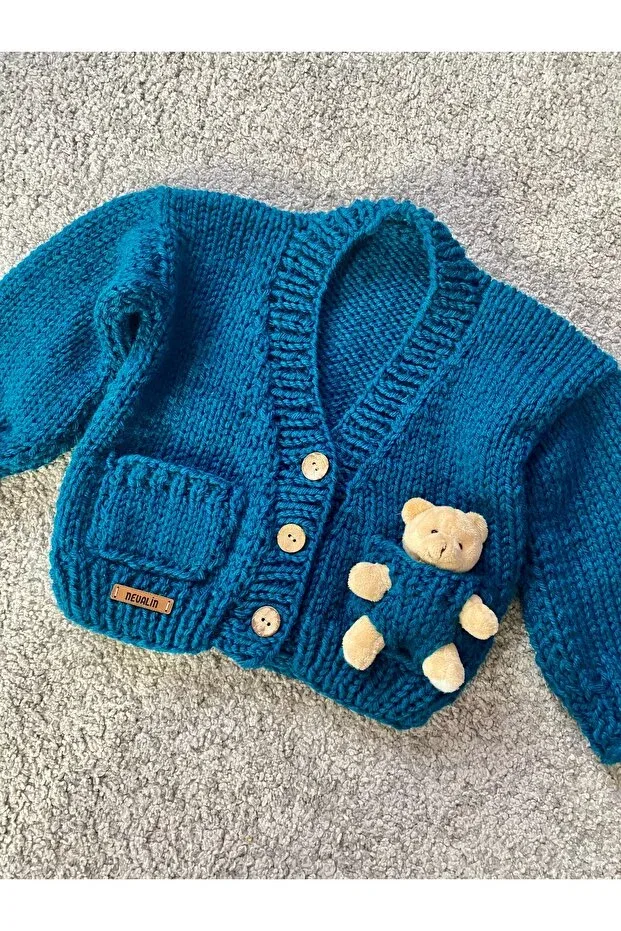 Детский кардиган для мальчиков с принтом Hand Knitted Teddy Bear Detailed Nevalin, Blue