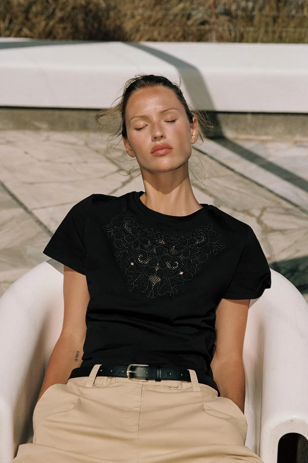 Хлопковая футболка с вышивкой ZARA, Black — фото 2
