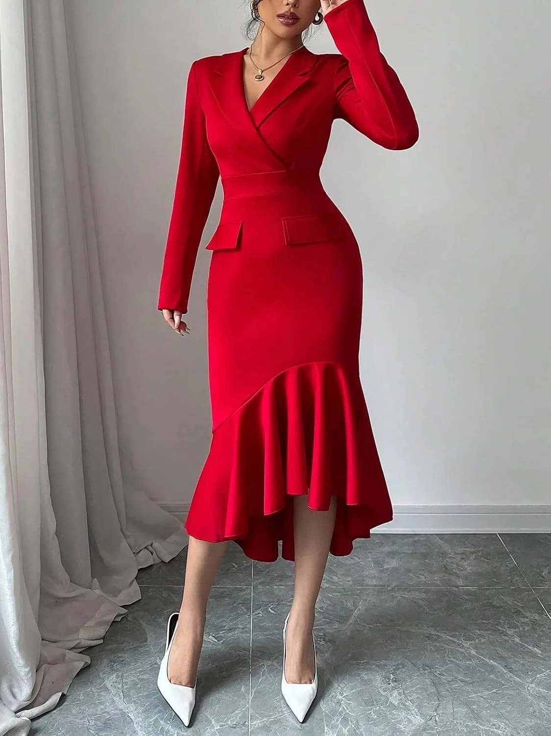 Женское платье-футляр с запахом миди с асимметричным подолом, Red — фото 3