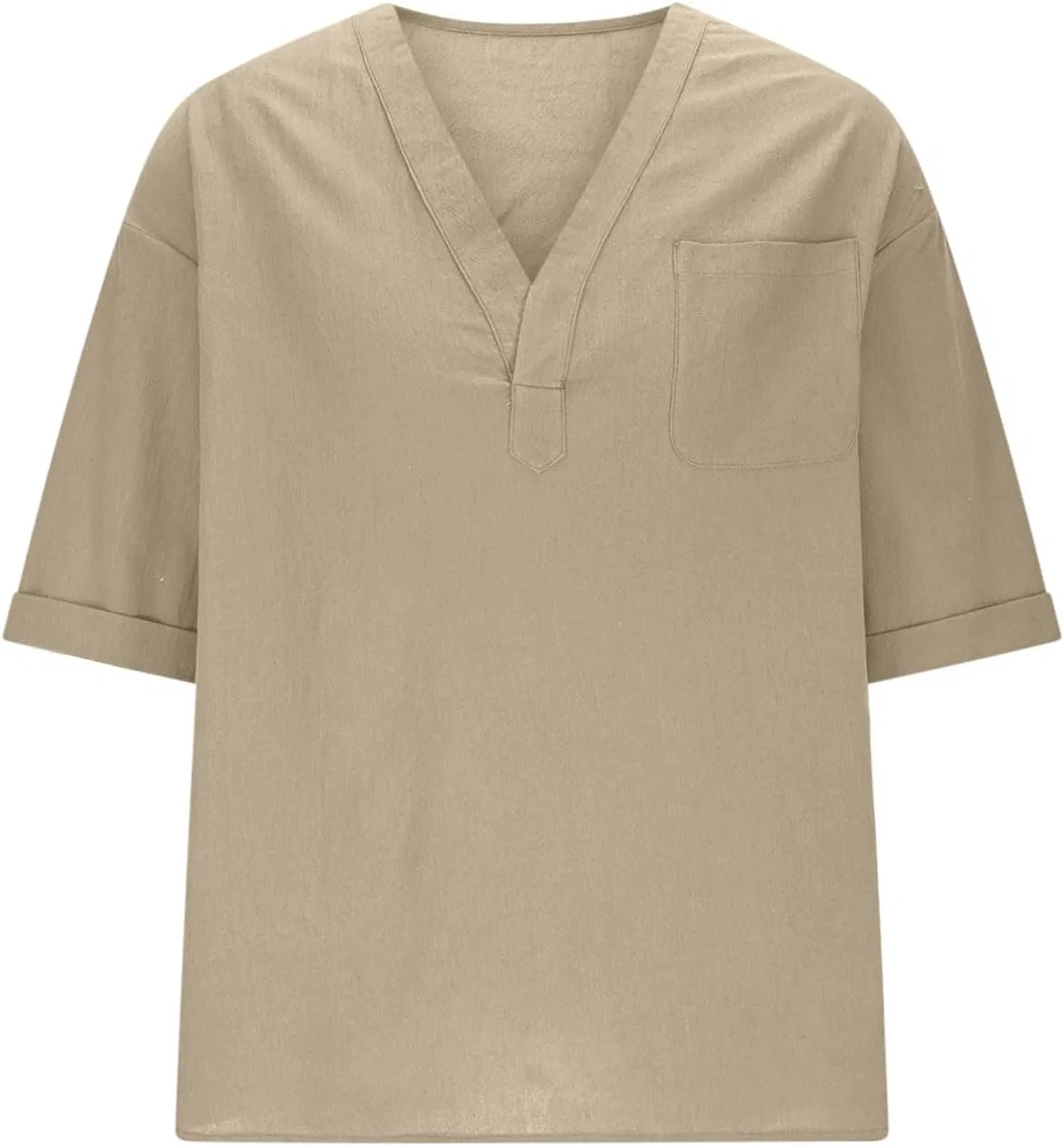 Мужская льняная рубашка с V-образным вырезом Casual, Khaki — фото 4