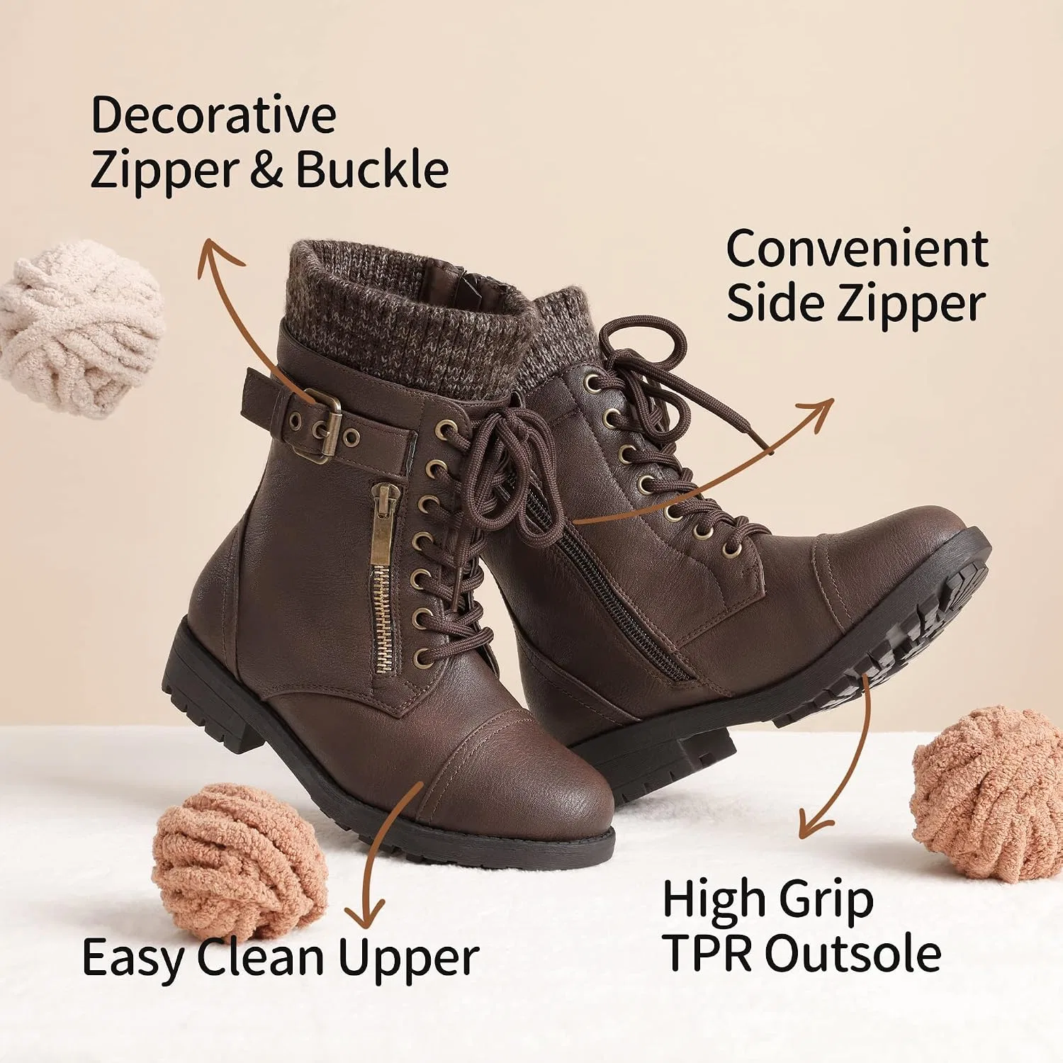 Детские ботинки для девочек с меховой подкладкой Combat Lace up DREAM PAIRS, Brown — фото 4