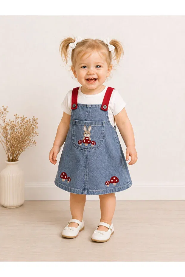 Детское джинсовое платье без рукавов Rabbit and mushroom embroidered Baby Buu, Blue