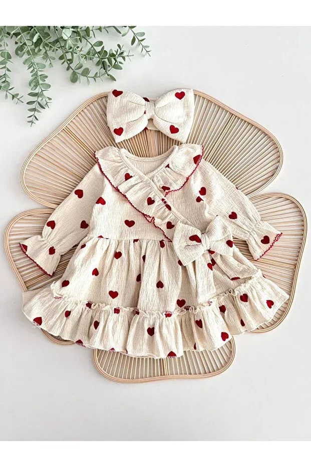Детский комплект платье и бандана для девочек с принтом Amore dress heart patterned crochet 100% cotton dress and bandana baby girl set Jammybaby, Red