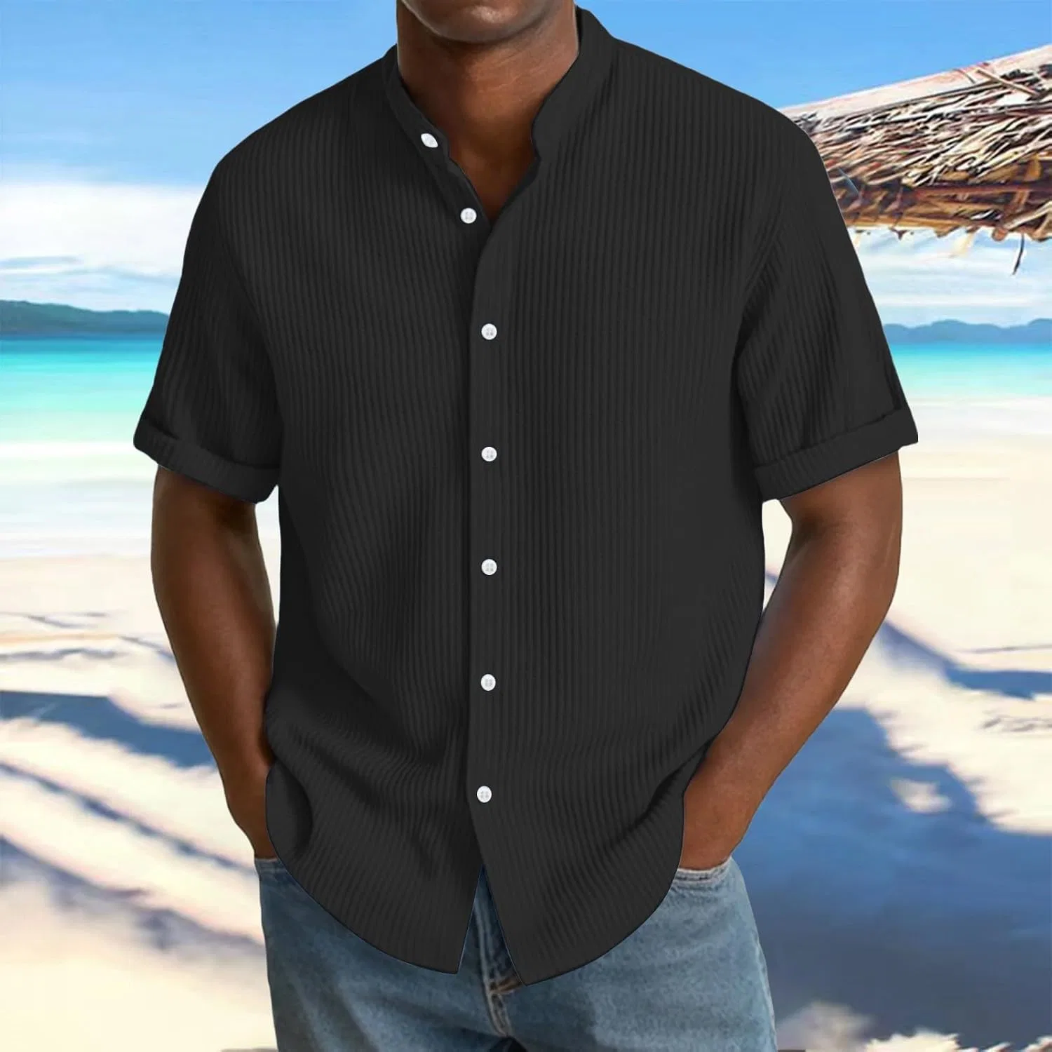 Мужская рубашка с коротким рукавом, текстурированная, офисная, чёрный — фото 2