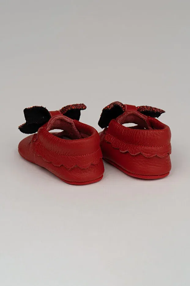 Детские мокасины из натуральной кожи для девочек Hearted genuine leather baby moccasin red ribbon Deriza, Red — фото 4