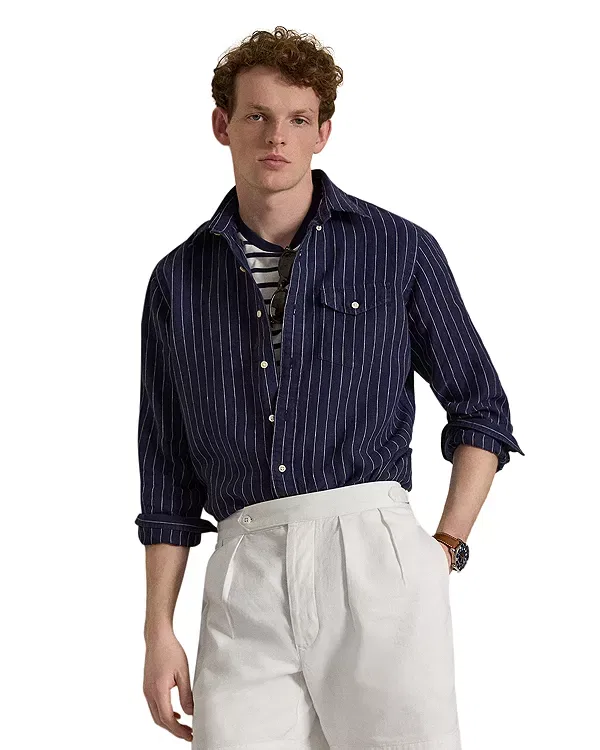 Мужская рубашка с длинным рукавом Classic Fit Striped Linen Polo Ralph Lauren, Navy/White