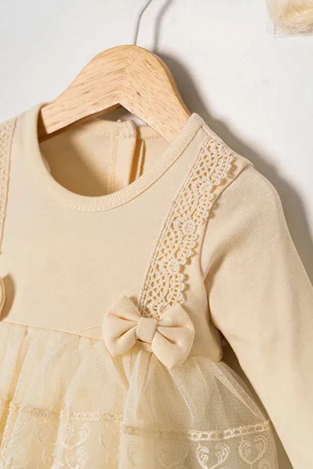 Детское платье-боди для девочек с вышивкой Miniday Baby, Beige — фото 3