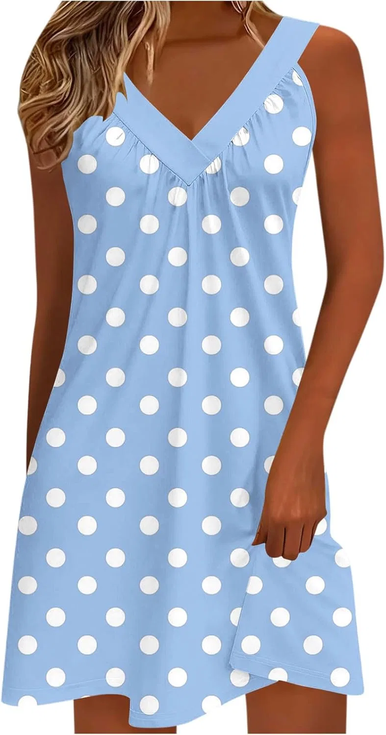 Женское летнее мини-платье с V-образным вырезом, Polka Dots, Sky Blue